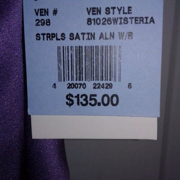 David's Bridal NWT Satin Formal/Bridesmaid Strapless Gown Size 8 Purple Lined - Picture 6 of 7